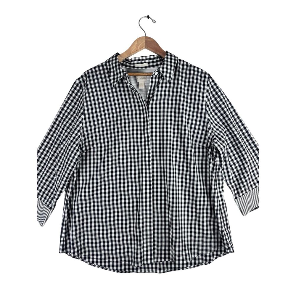 Chico’s No-Iron Gingham Button Front Shirt Women’s Size 3 XL 3/4 Sleeve Travel